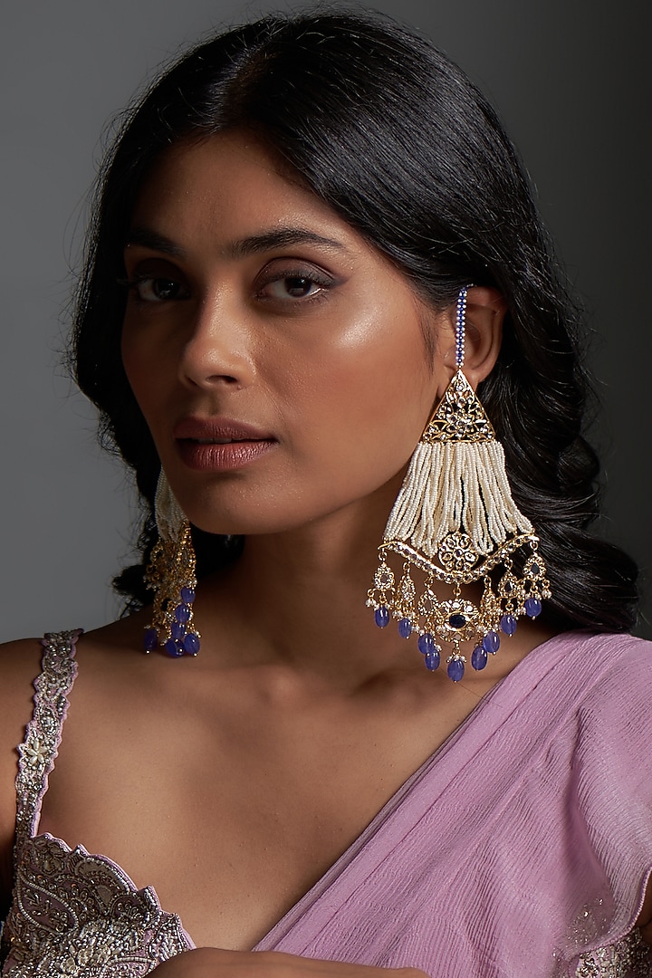 Gold Plated Kundan Polki & blue Onyx Chandbali Earrings by Kiara at Pernia's Pop Up Shop