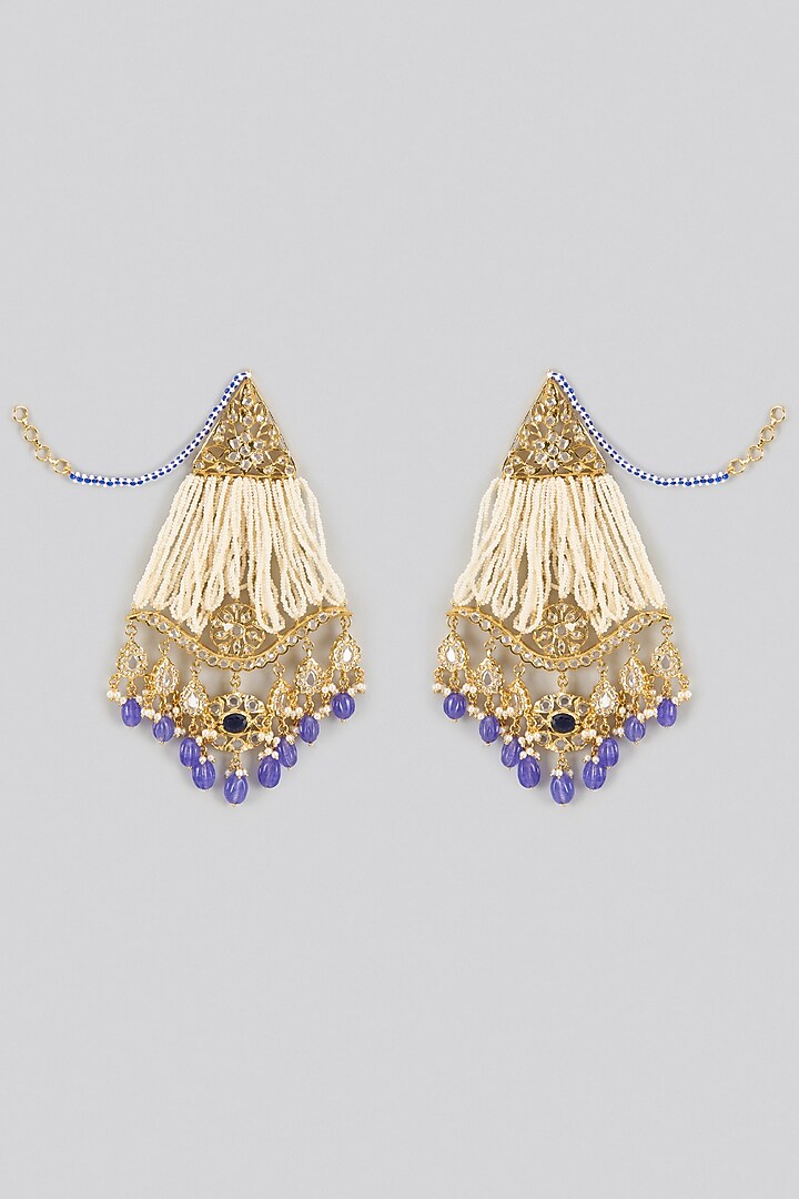 Gold Plated Kundan Polki & blue Onyx Chandbali Earrings by Kiara at Pernia's Pop Up Shop