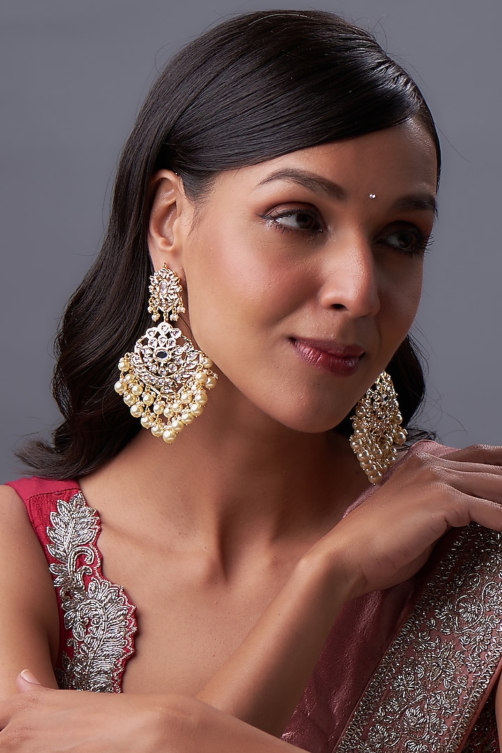 Gold Plated Kundan Polki & Pearl  Chandbali Earrings by Kiara at Pernia's Pop Up Shop