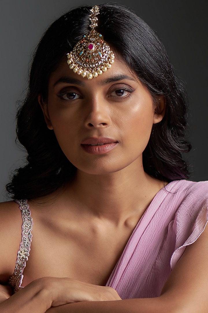 Gold Plated Kundan Polki & Navratna Stone Maang Tikka by Kiara at Pernia's Pop Up Shop