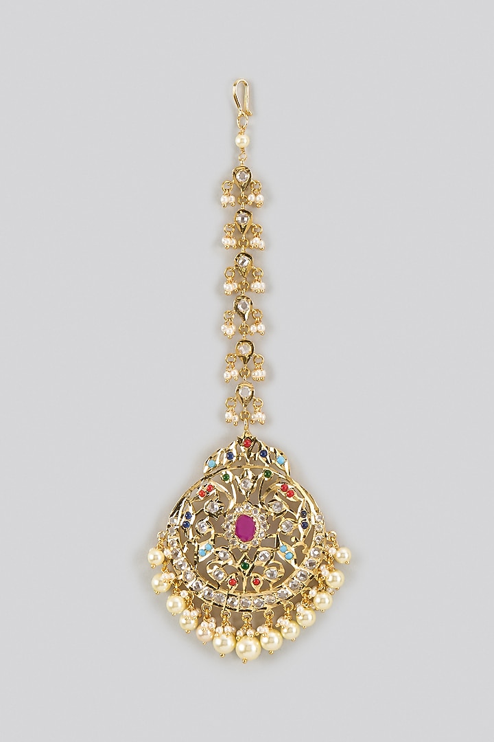 Gold Plated Kundan Polki & Navratna Stone Maang Tikka by Kiara at Pernia's Pop Up Shop