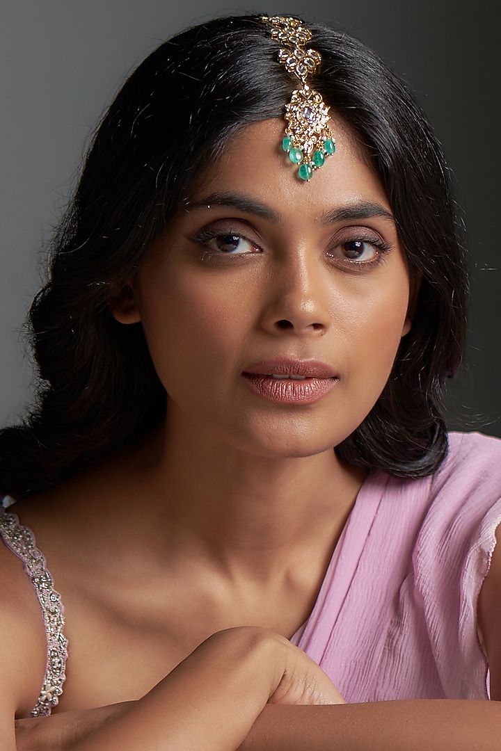 Gold Plated Kundan Polki & Green Onyx Maang Tikka by Kiara at Pernia's Pop Up Shop