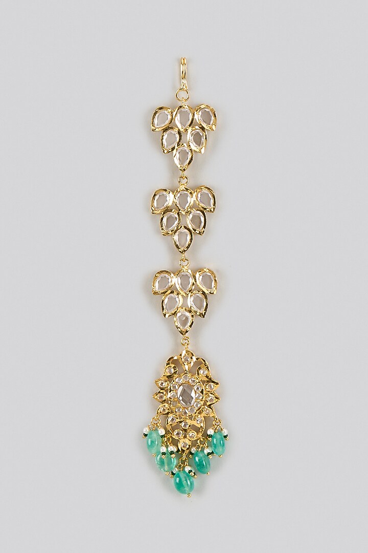 Gold Plated Kundan Polki & Green Onyx Maang Tikka by Kiara at Pernia's Pop Up Shop