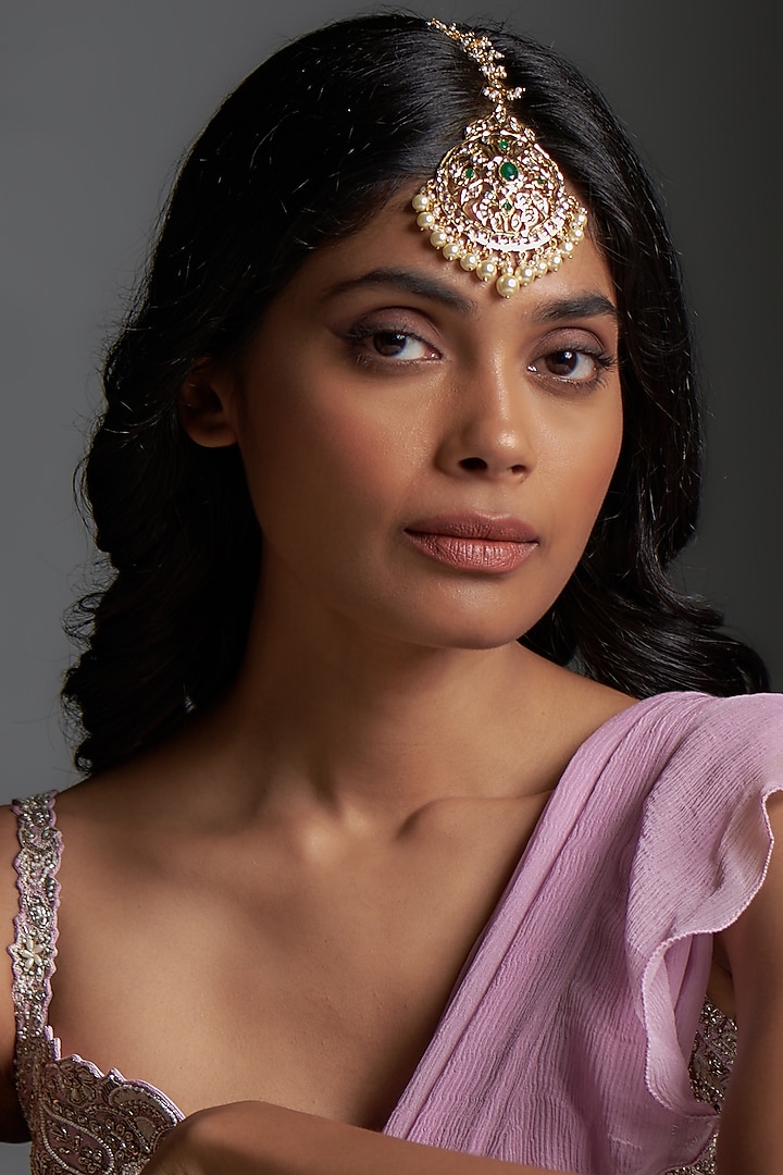 Gold Plated Kundan Polki & Green Onyx Maang Tikka by Kiara at Pernia's Pop Up Shop