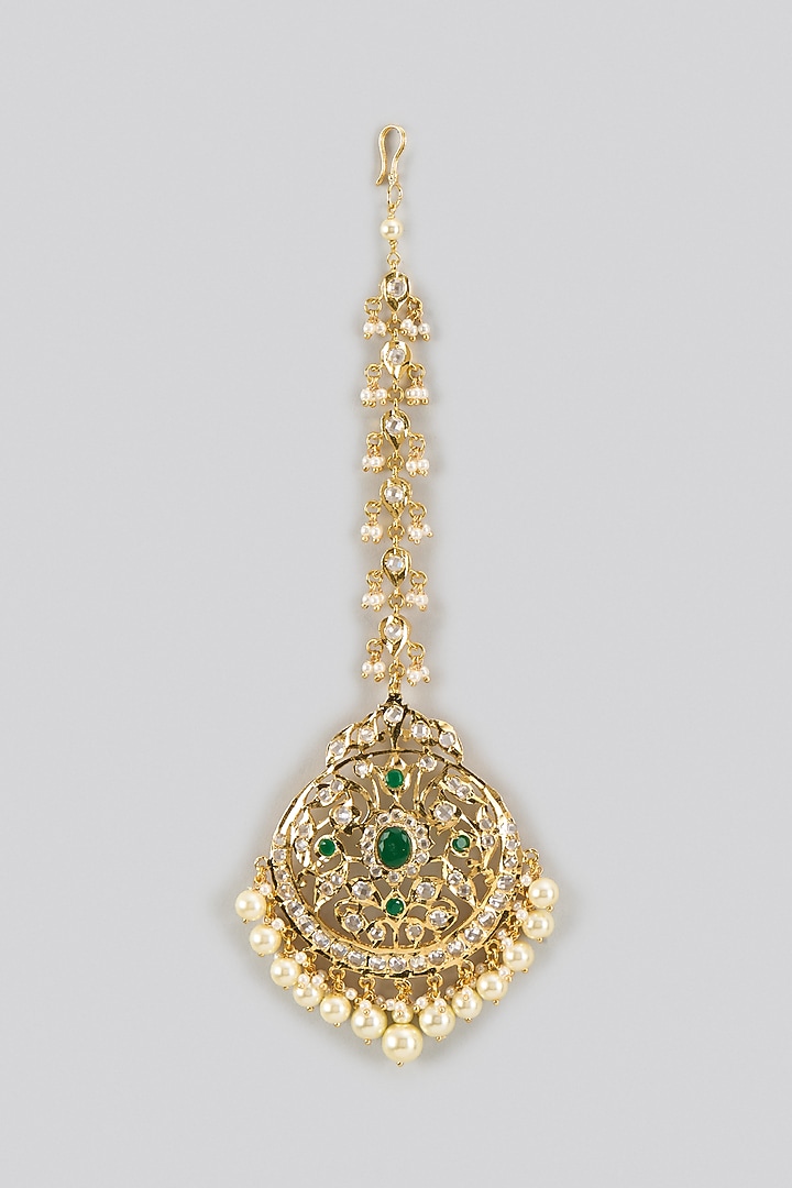 Gold Plated Kundan Polki & Green Onyx Maang Tikka by Kiara at Pernia's Pop Up Shop