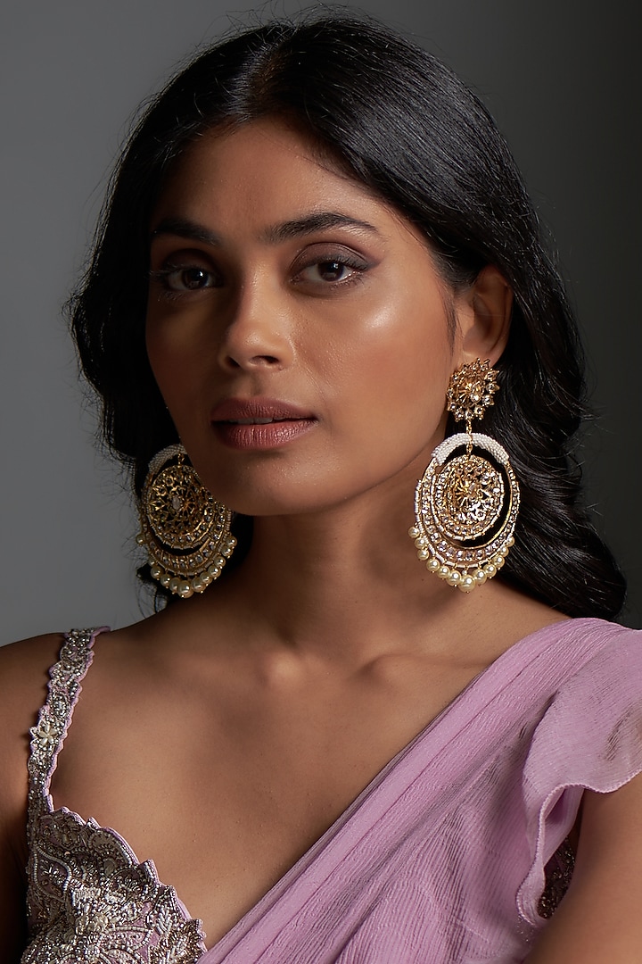 Gold Plated Kundan Polki & Pearl Chandbali Earrings by Kiara at Pernia's Pop Up Shop