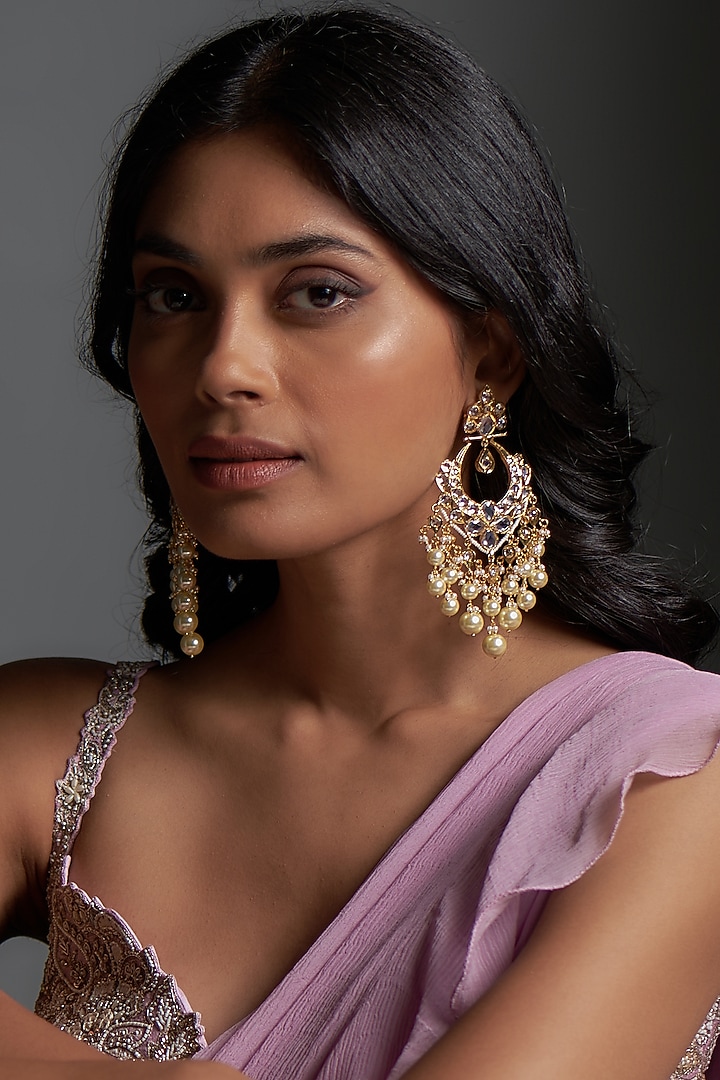 Gold Plated Kundan Polki & Pearl Chandbali Earrings by Kiara at Pernia's Pop Up Shop