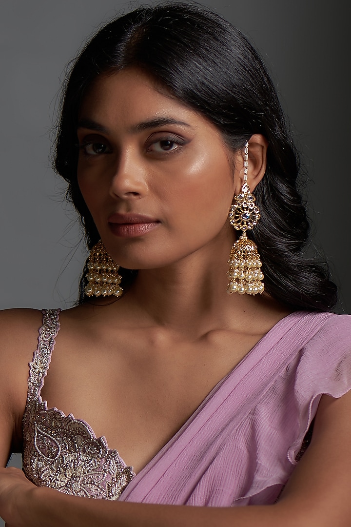 Gold Plated Kundan Polki & Pearl Jhumka Earrings by Kiara at Pernia's Pop Up Shop
