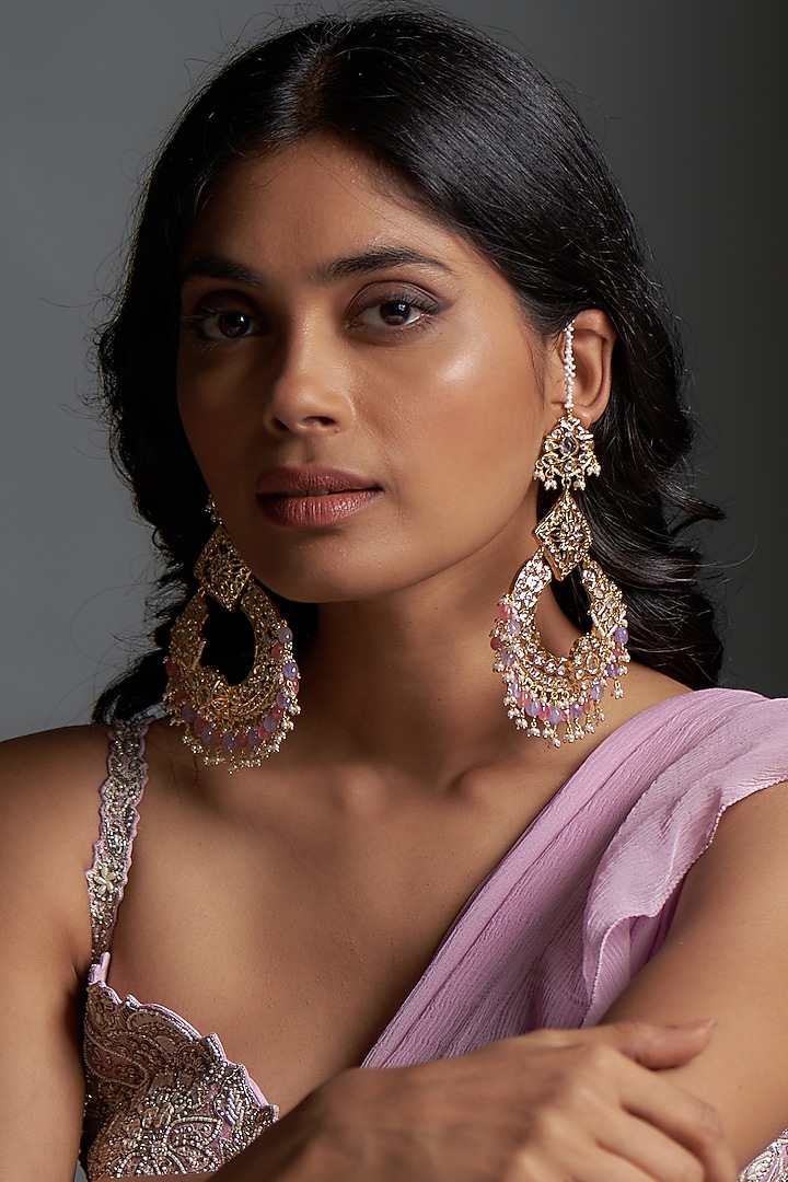 Gold Plated Kundan Polki  & Multi-Colored Stone Chandbali Earrings by Kiara at Pernia's Pop Up Shop