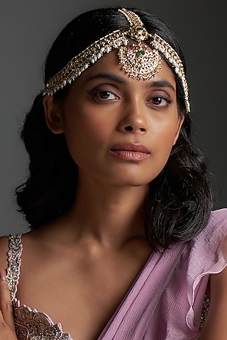Gold Plated Kundan Polki & Green Onyx Mathapatti by Kiara