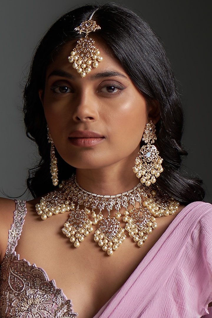 Gold Plated Kundan Polki & Pearl Choker Necklace Set by Kiara at Pernia's Pop Up Shop
