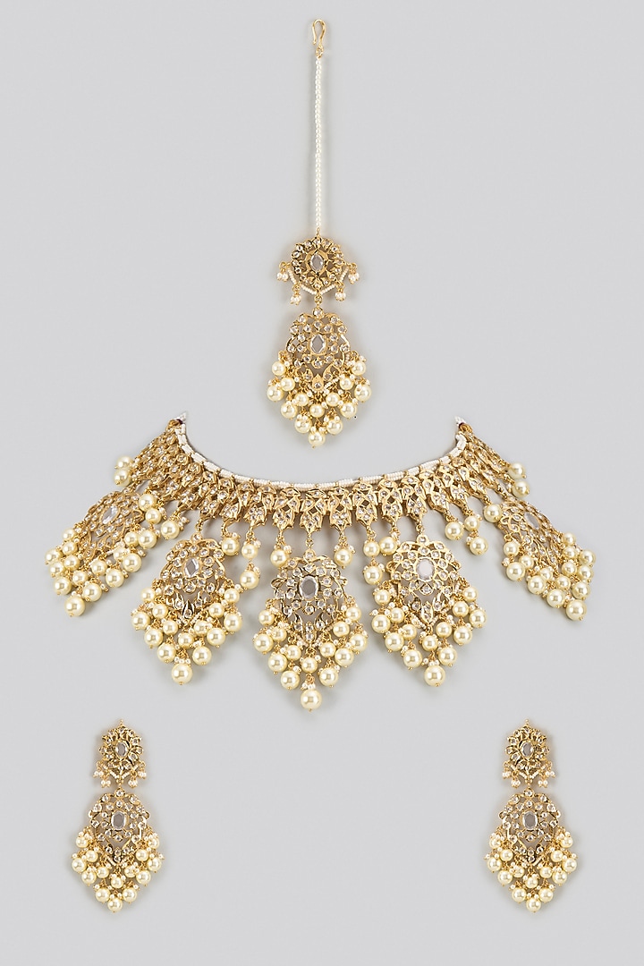 Gold Plated Kundan Polki & Pearl Choker Necklace Set by Kiara at Pernia's Pop Up Shop