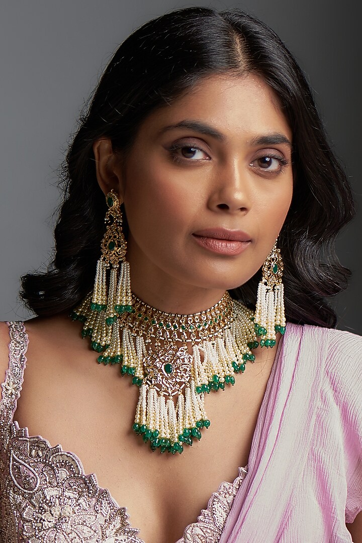 Gold Plated Kundan Polki & Green Bead Choker Necklace Set by Kiara at Pernia's Pop Up Shop
