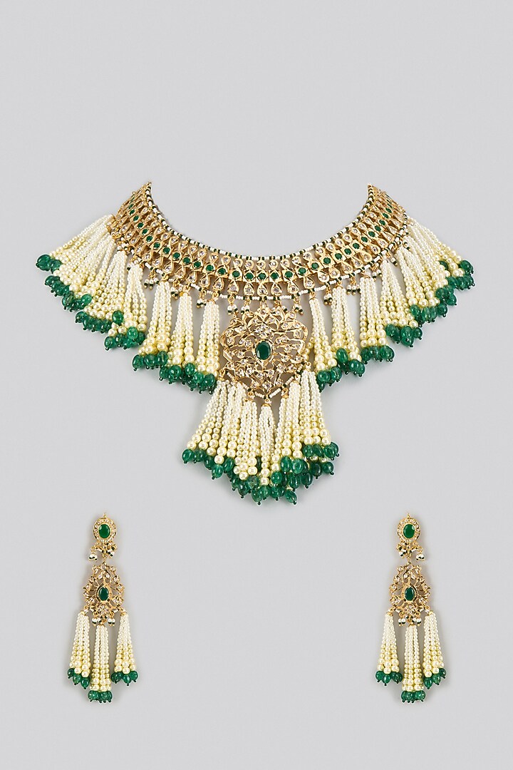 Gold Plated Kundan Polki & Green Bead Choker Necklace Set by Kiara at Pernia's Pop Up Shop