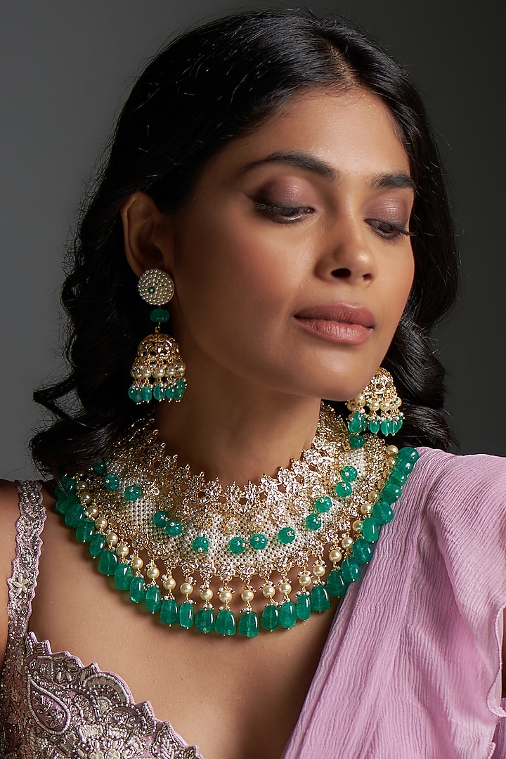 Gold Plated Kundan Polki & Green Bead Choker Necklace Set by Kiara at Pernia's Pop Up Shop
