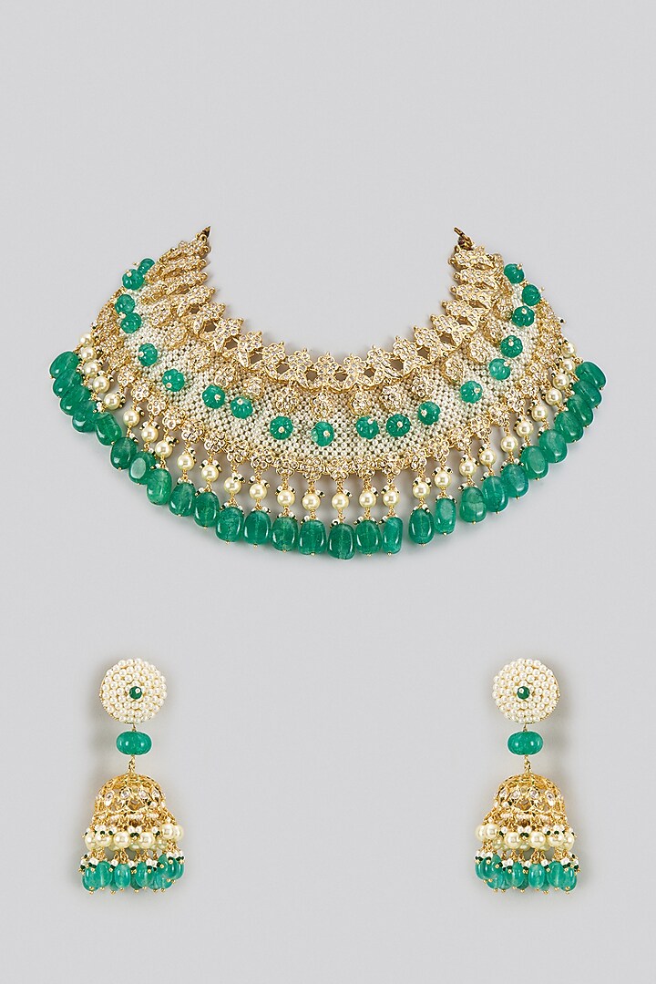 Gold Plated Kundan Polki & Green Bead Choker Necklace Set by Kiara at Pernia's Pop Up Shop