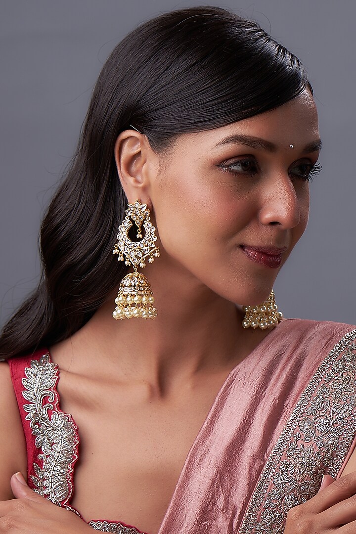 Gold Plated Kundan Polki & Pearl Jhumka Earrings by Kiara at Pernia's Pop Up Shop