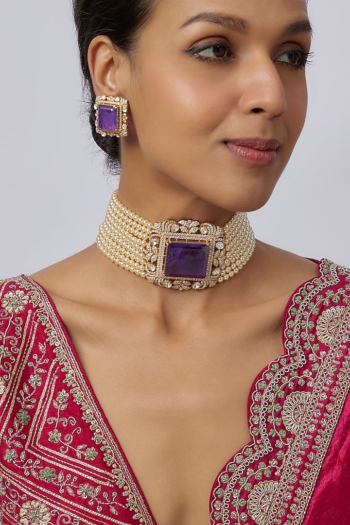 Gold Plated Moissanite Polki & Amethyst Stone Choker Necklace Set In Sterling Silver by Kiara Luxe at Pernia's Pop Up Shop