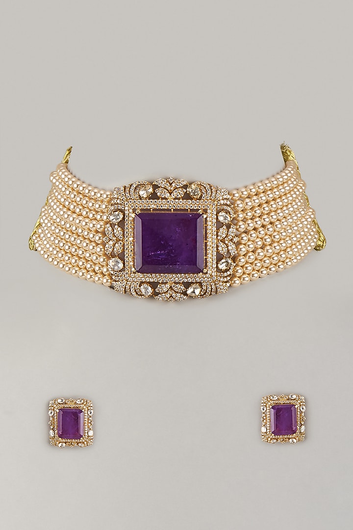Gold Plated Moissanite Polki & Amethyst Stone Choker Necklace Set In Sterling Silver by Kiara Luxe at Pernia's Pop Up Shop