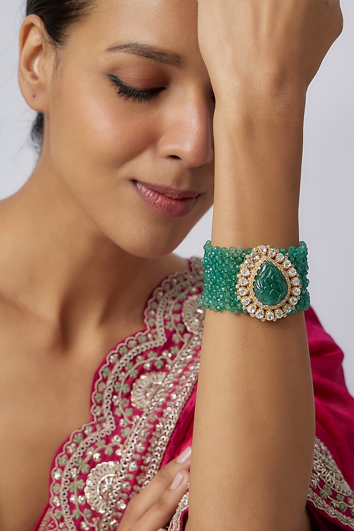 Gold Plated Moissanite Polki & Green Stone Bracelet In Sterling Silver by Kiara Luxe at Pernia's Pop Up Shop
