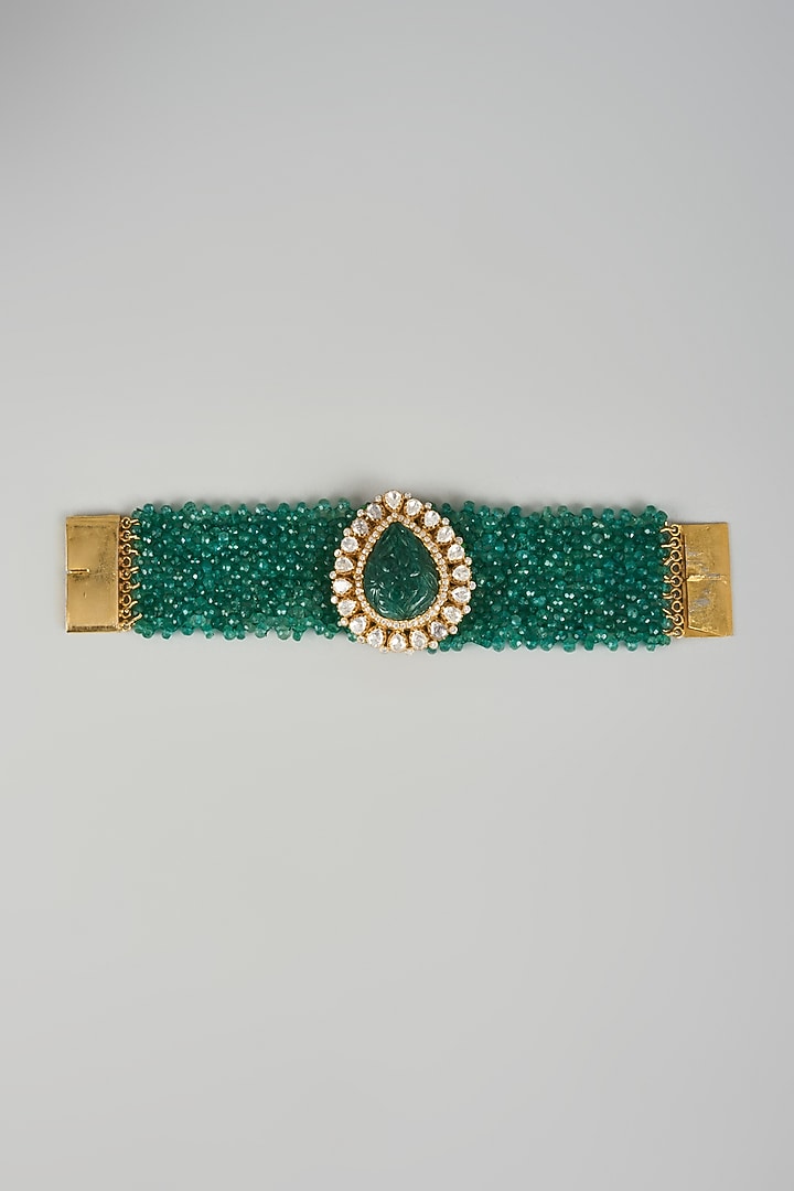 Gold Plated Moissanite Polki & Green Stone Bracelet In Sterling Silver by Kiara Luxe at Pernia's Pop Up Shop