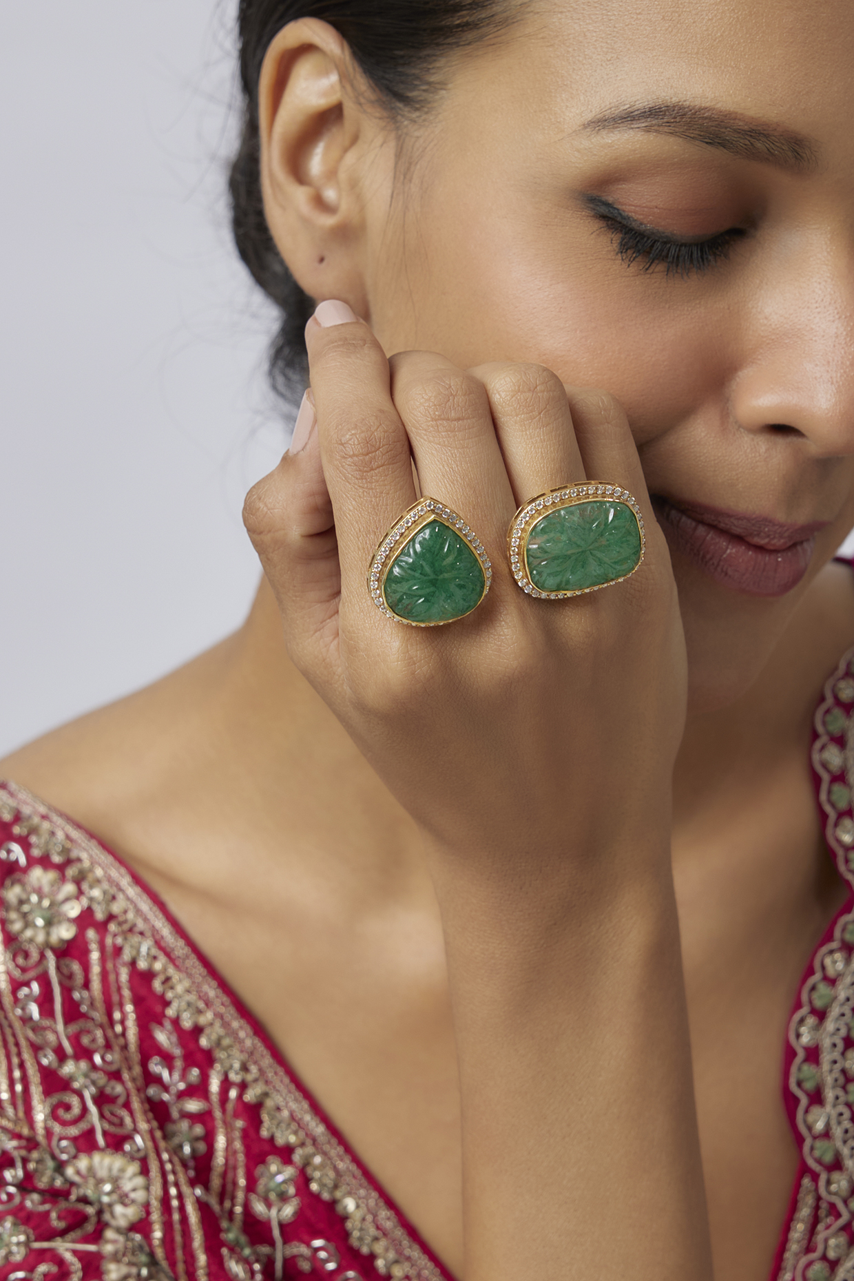 Victorian Gold Plated Moissanite Polki & Green Stone Ring In Sterling Silver by Kiara at Pernia's Pop Up Shop