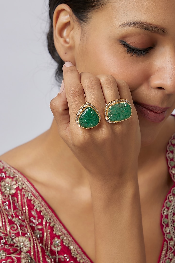 Victorian Gold Plated Moissanite Polki & Green Stone Ring In Sterling Silver by Kiara at Pernia's Pop Up Shop