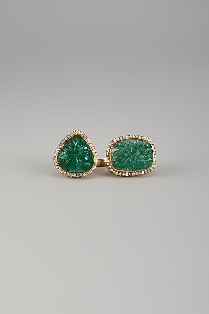 Victorian Gold Plated Moissanite Polki & Green Stone Ring In Sterling Silver by Kiara Luxe at Pernia's Pop Up Shop
