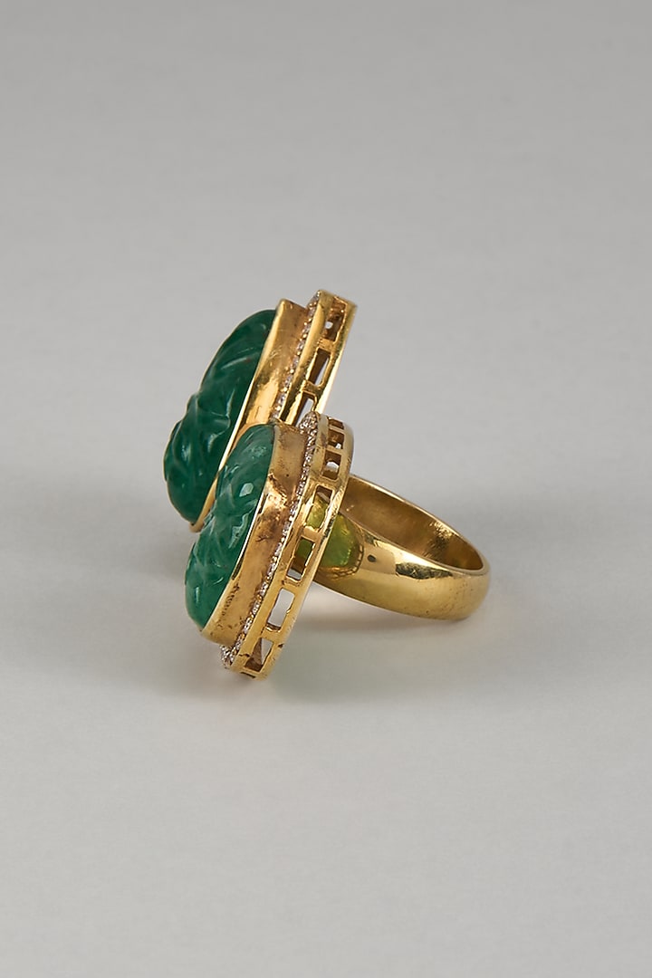 Victorian Gold Plated Moissanite Polki & Green Stone Ring In Sterling Silver by Kiara Luxe at Pernia's Pop Up Shop