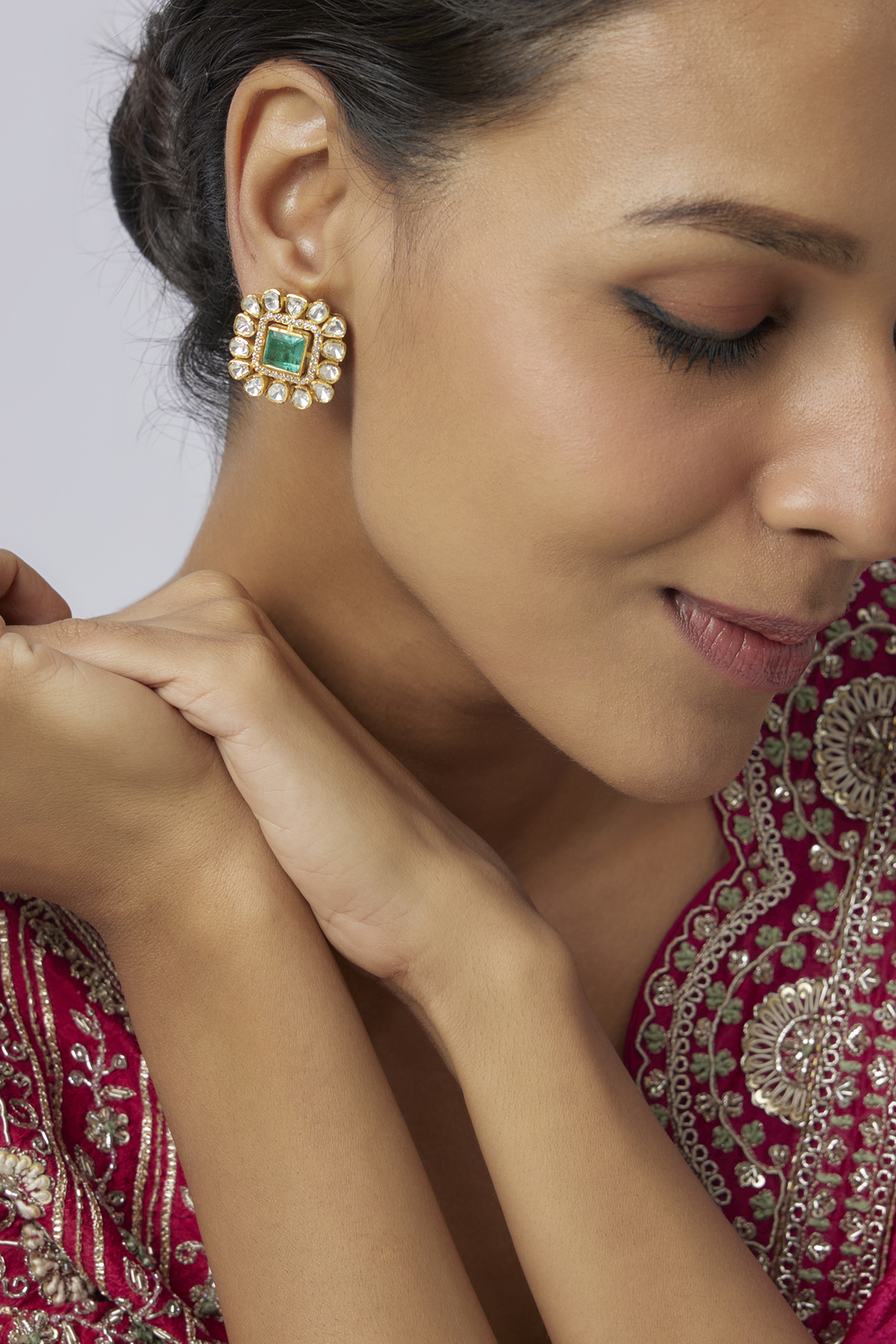 Gold Plated Moissanite Polki & Green Doublet Stone Stud Earrings In Sterling Silver by Kiara at Pernia's Pop Up Shop