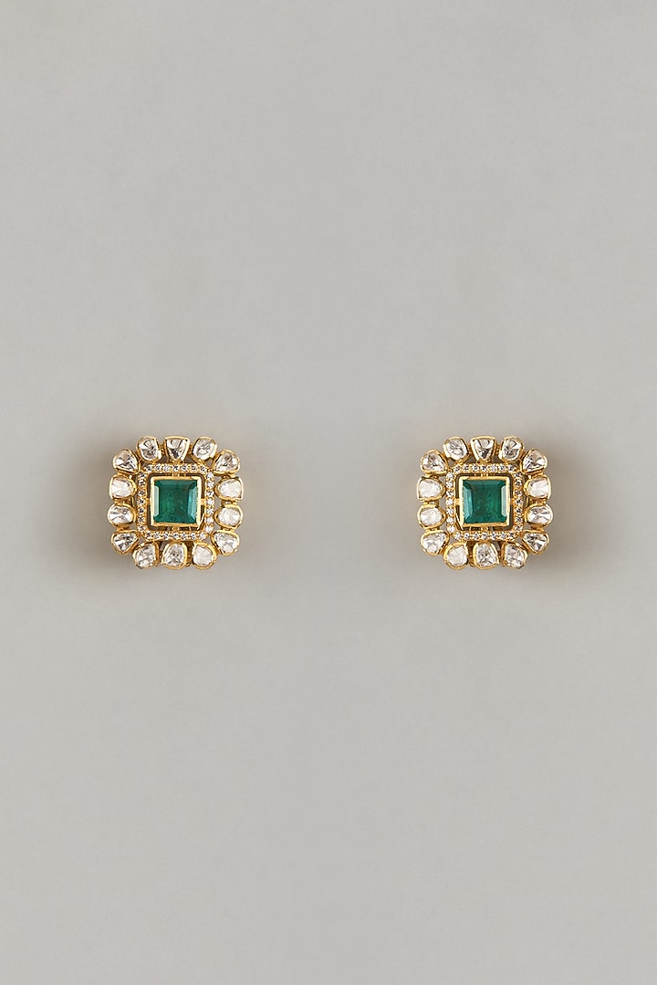 Gold Plated Moissanite Polki & Green Doublet Stone Stud Earrings In Sterling Silver by Kiara Luxe at Pernia's Pop Up Shop