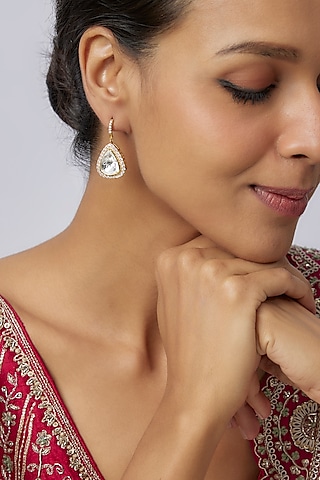 Gold Plated Moissanite Polki Teardrop Dangler Earrings In Sterling Silver by Kiara Luxe