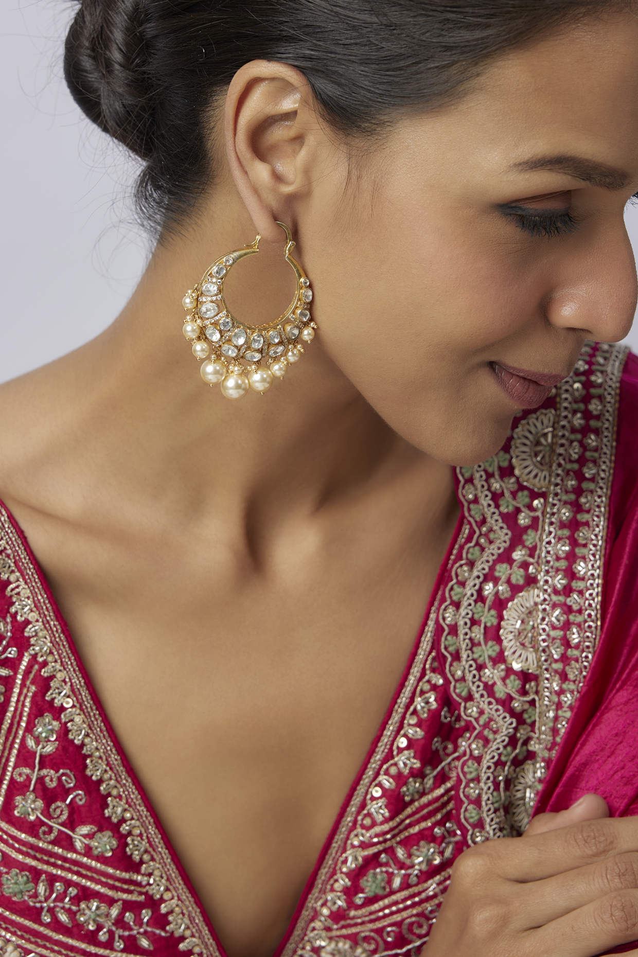 Gold Plated Moissanite Polki & Pearl Chandbali Earrings In Sterling Silver by Kiara at Pernia's Pop Up Shop