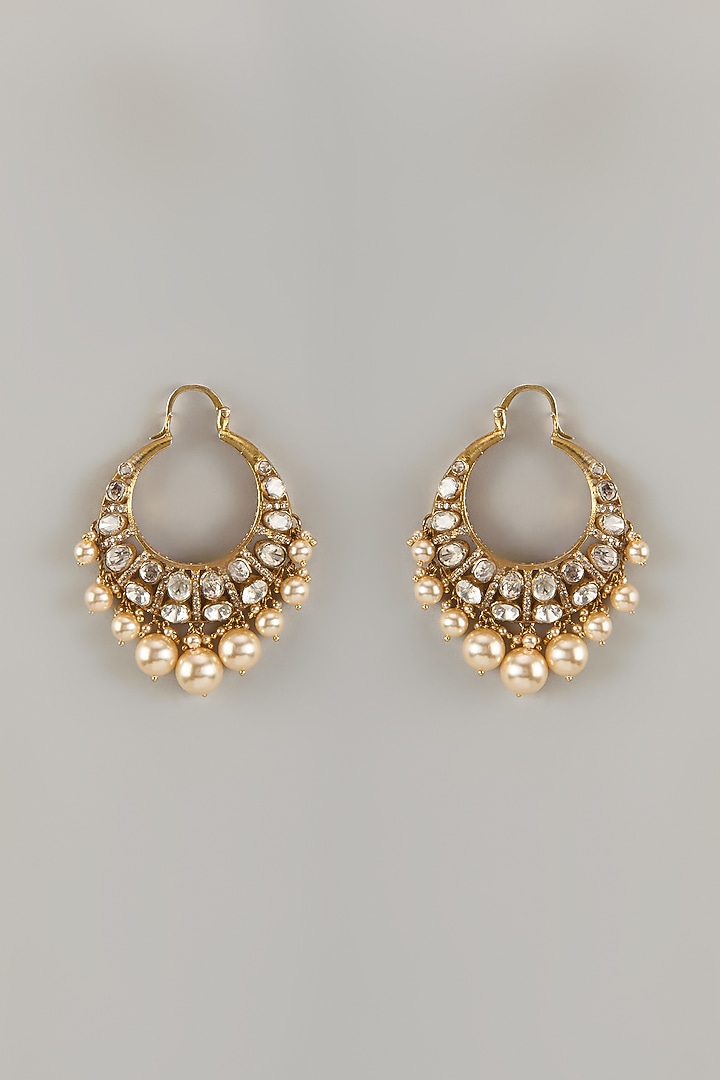 Gold Plated Moissanite Polki & Pearl Chandbali Earrings In Sterling Silver by Kiara Luxe at Pernia's Pop Up Shop