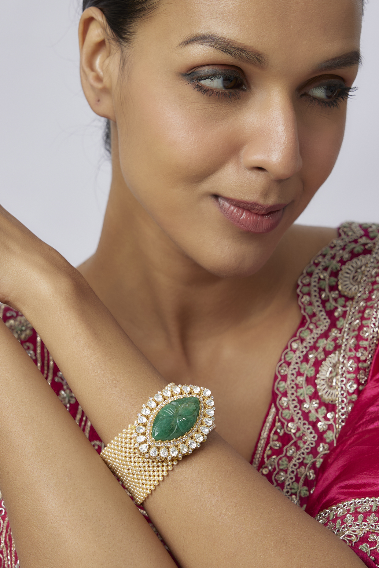 Gold Plated Green Carved Stone & Mesh Pearl Bracelet In Sterling Silver by Kiara at Pernia's Pop Up Shop