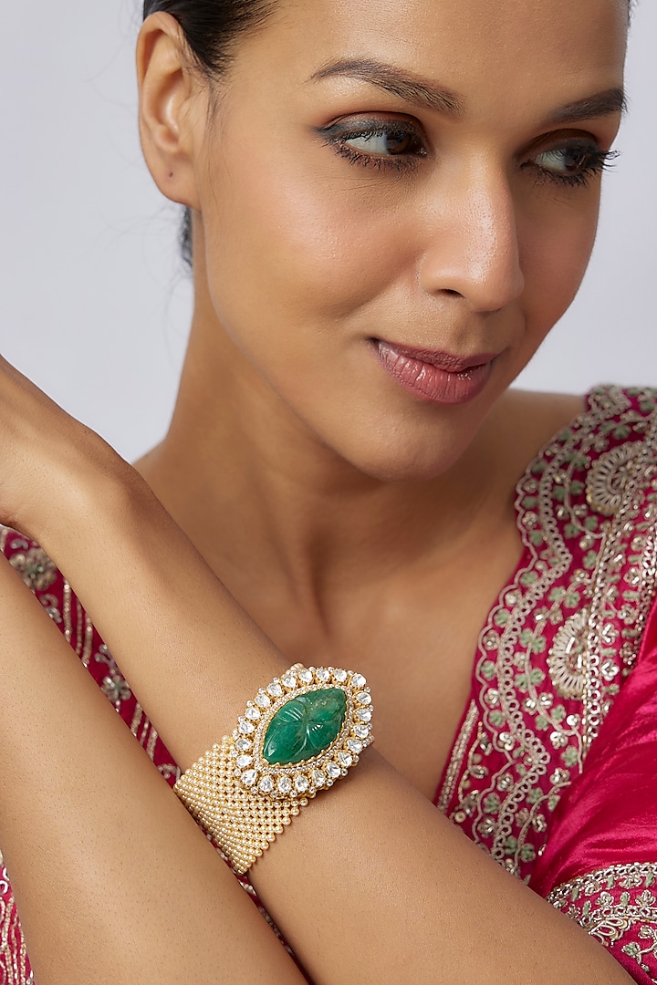 Gold Plated Green Carved Stone & Mesh Pearl Bracelet In Sterling Silver by Kiara at Pernia's Pop Up Shop