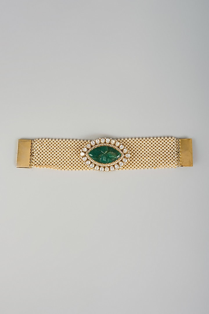 Gold Plated Green Carved Stone & Mesh Pearl Bracelet In Sterling Silver by Kiara Luxe at Pernia's Pop Up Shop