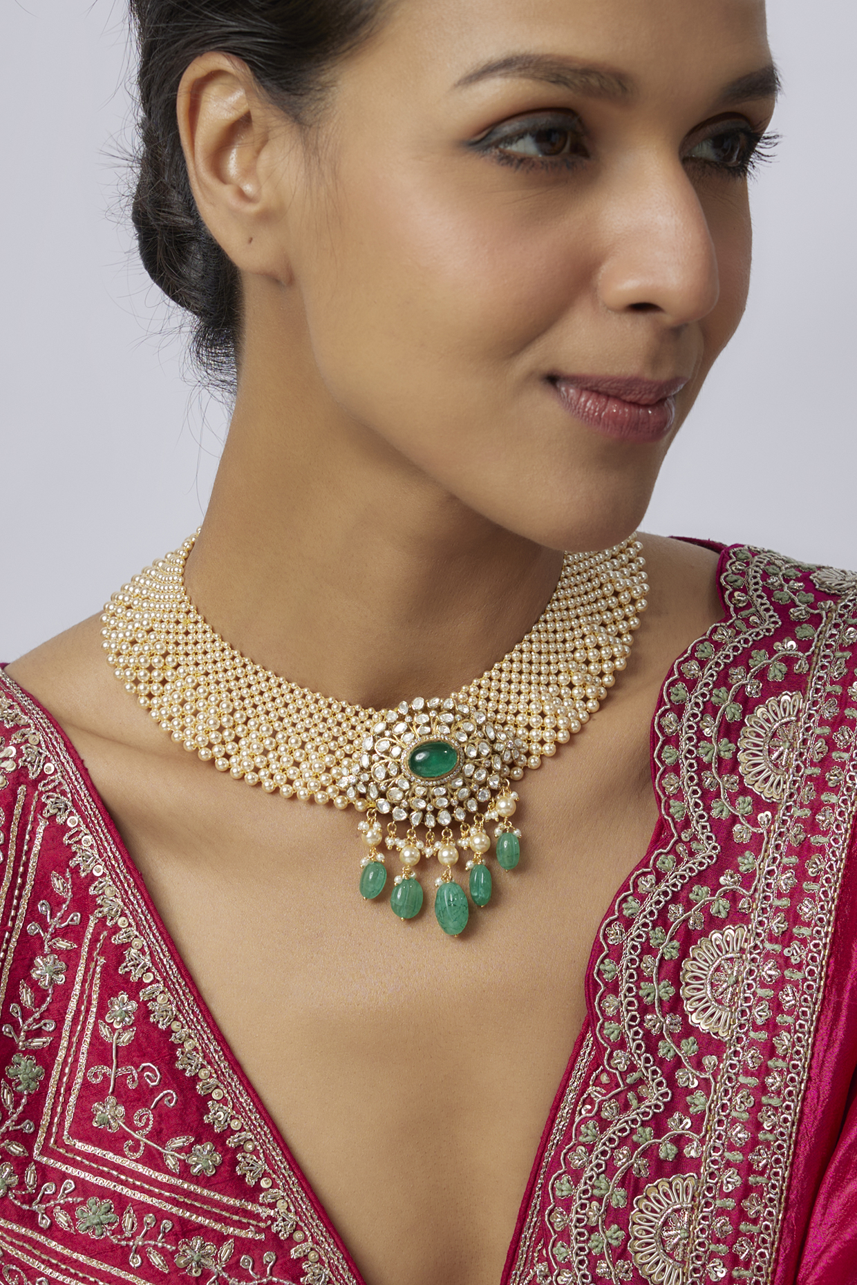 Gold Plated Kundan Polki & Green Drop Choker Necklace In Sterling Silver by Kiara at Pernia's Pop Up Shop