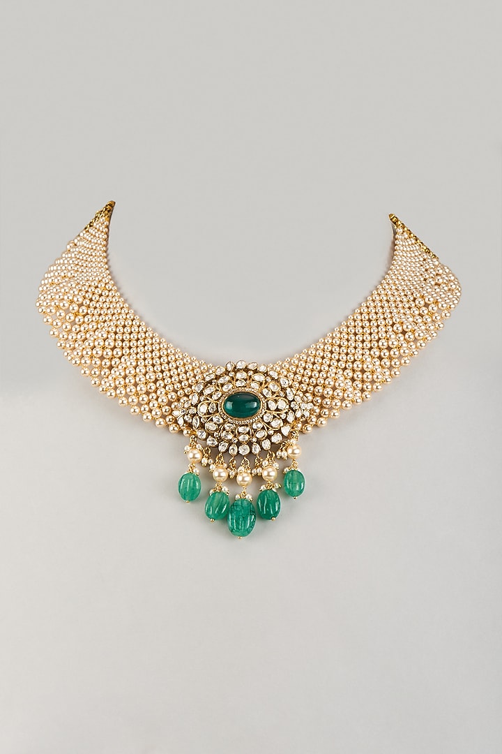 Gold Plated Kundan Polki & Green Drop Choker Necklace In Sterling Silver by Kiara Luxe at Pernia's Pop Up Shop