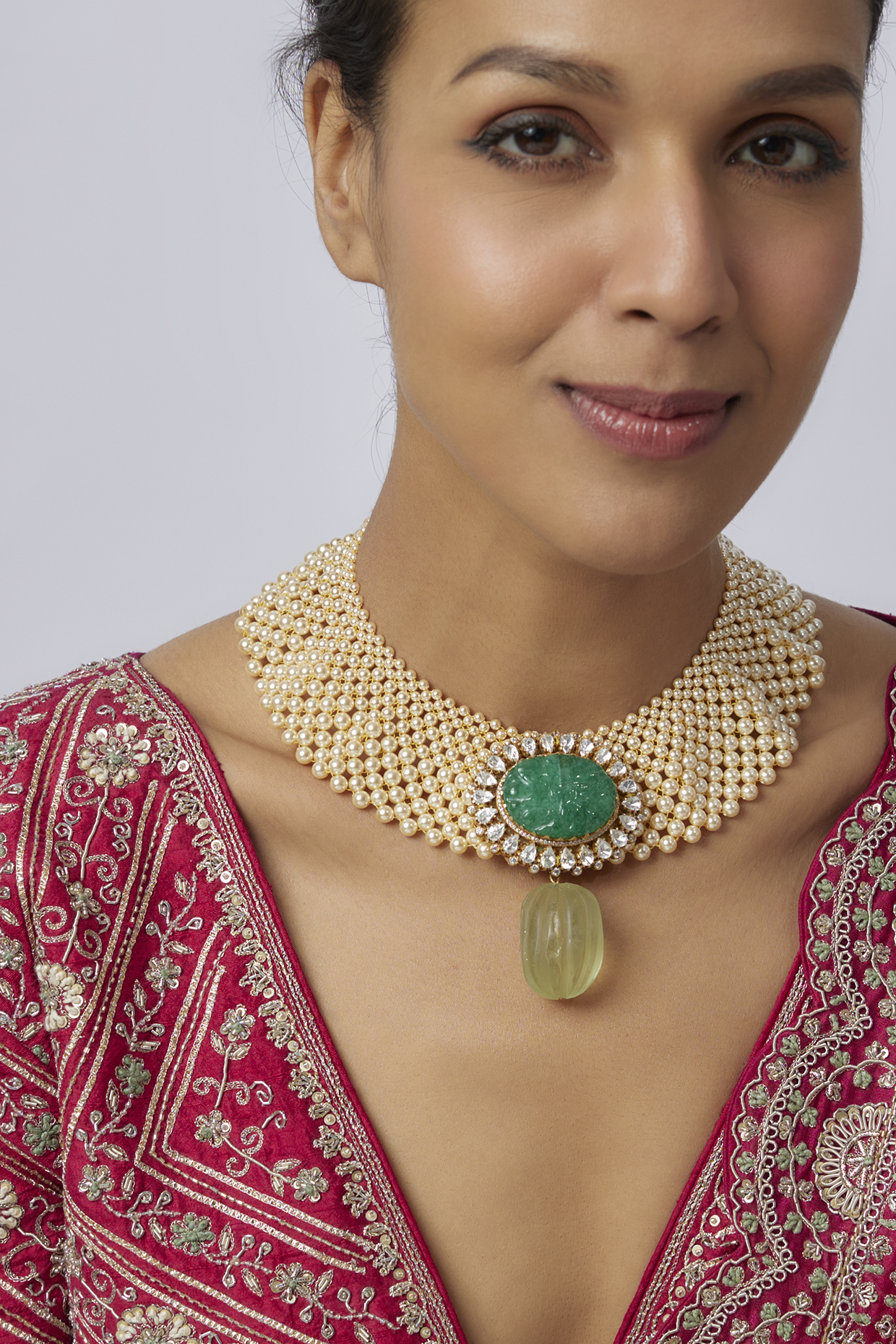 Gold Plated Kundan Polki & Fluorite Green Drop Choker Necklace In Sterling Silver by Kiara at Pernia's Pop Up Shop