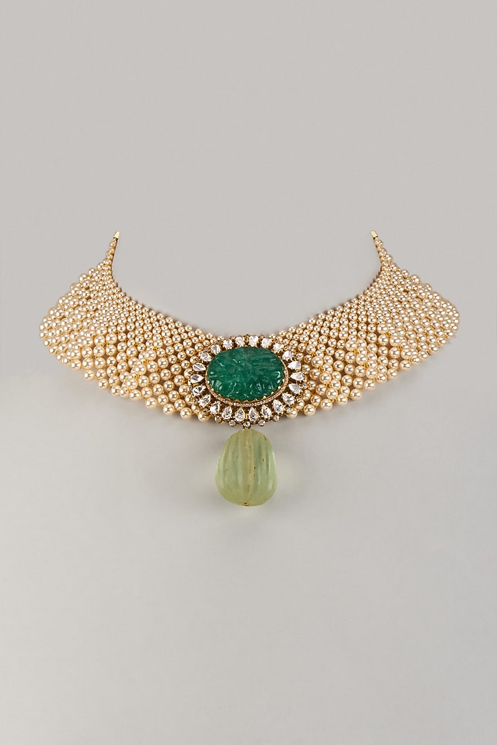 Gold Plated Kundan Polki & Fluorite Green Drop Choker Necklace In Sterling Silver by Kiara Luxe at Pernia's Pop Up Shop