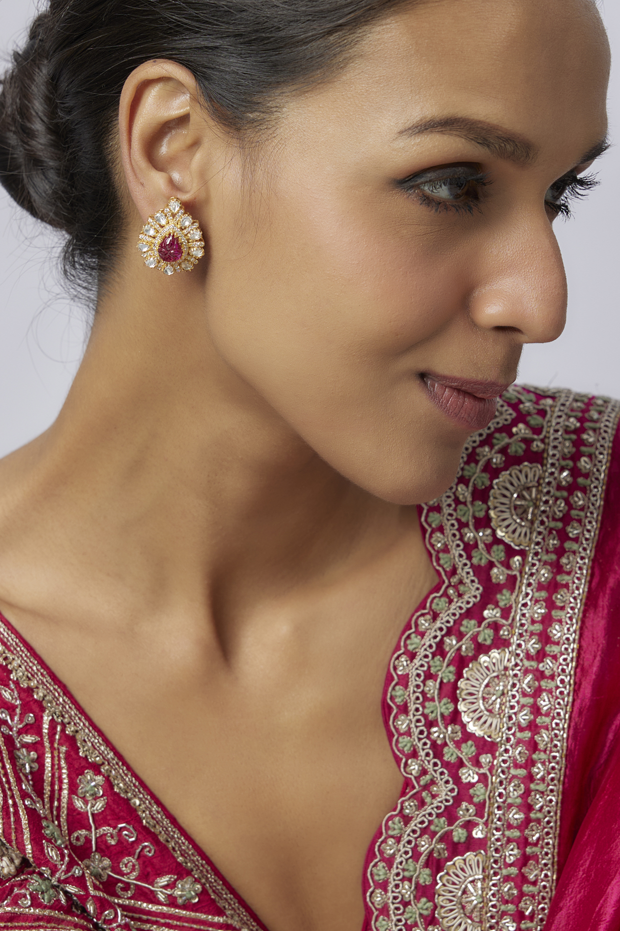 Gold Plated Moissanite Stone & Ruby Stone Stud Earrings In Sterling Silver by Kiara at Pernia's Pop Up Shop