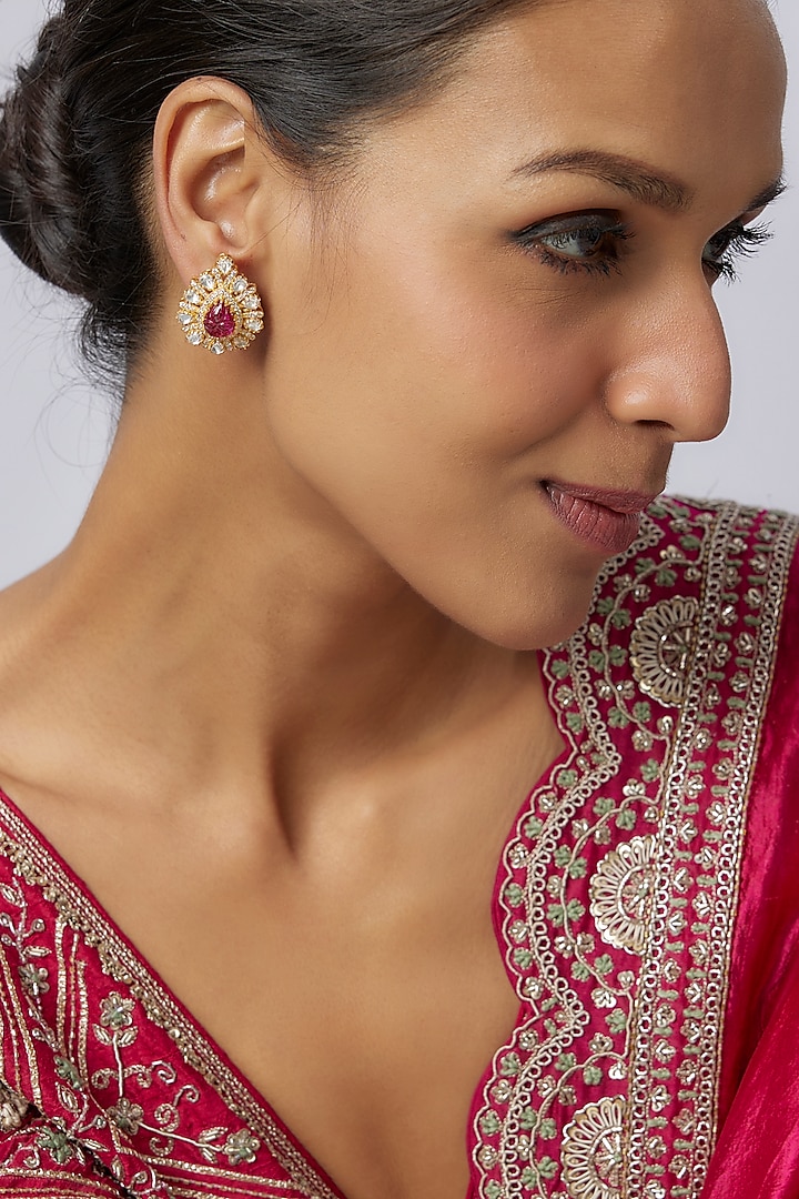 Gold Plated Moissanite Stone & Ruby Stone Stud Earrings In Sterling Silver by Kiara at Pernia's Pop Up Shop