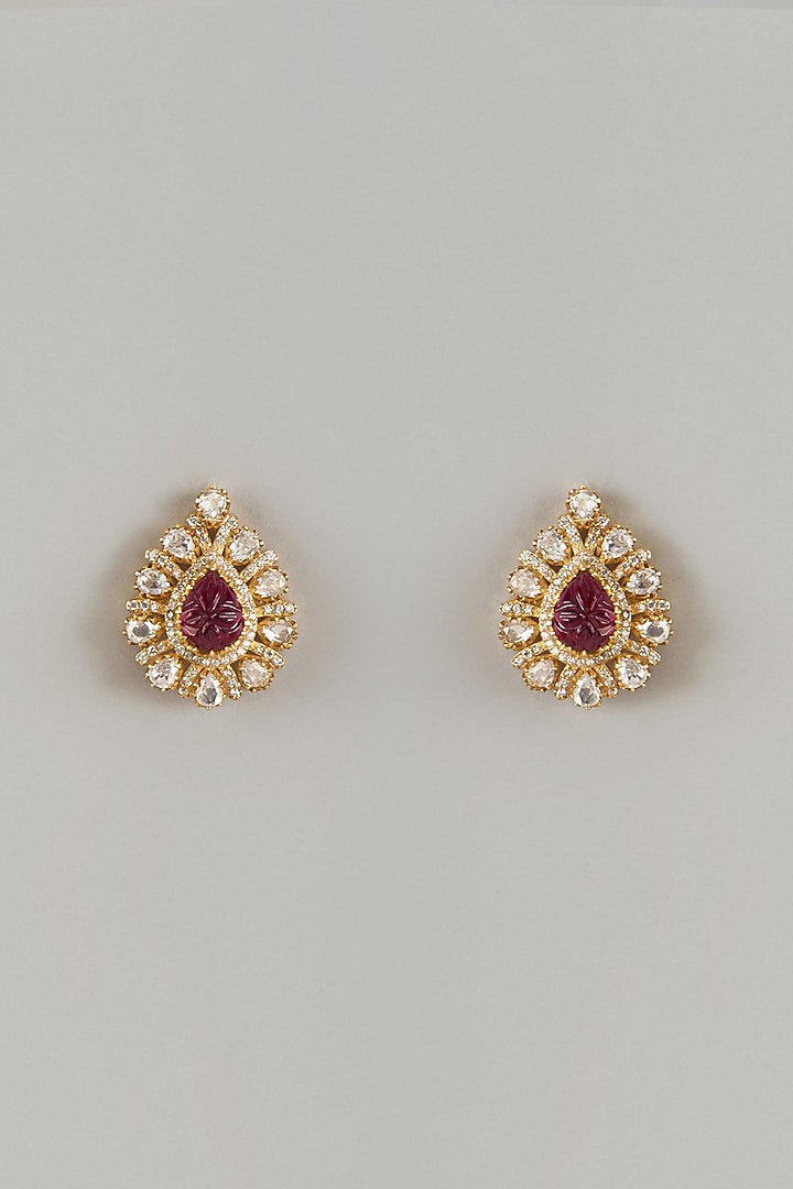 Gold Plated Moissanite Stone & Ruby Stone Stud Earrings In Sterling Silver by Kiara Luxe at Pernia's Pop Up Shop