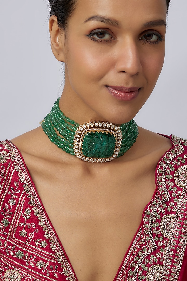 Gold Plated Green Beryl Stone & Green Beaded Choker Necklace In Sterling Silver by Kiara at Pernia's Pop Up Shop