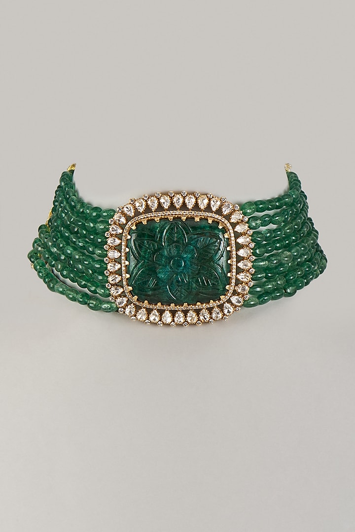 Gold Plated Green Beryl Stone & Green Beaded Choker Necklace In Sterling Silver by Kiara Luxe at Pernia's Pop Up Shop