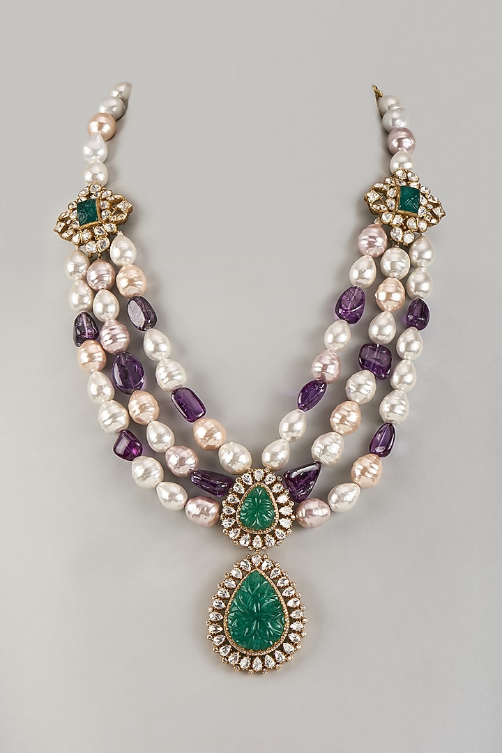 Gold Plated Baroque Pearl & Purple Beaded Long Necklace In Sterling Silver by Kiara Luxe at Pernia's Pop Up Shop