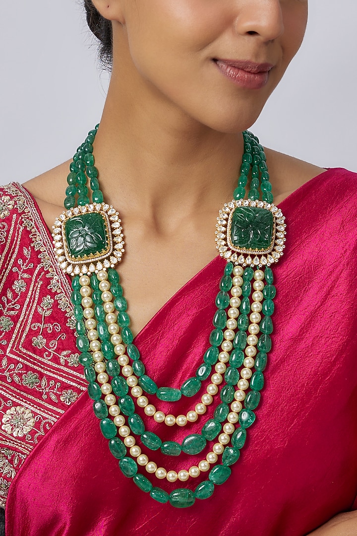Gold Plated Pearl & Green Beaded Long Necklace In Sterling Silver by Kiara at Pernia's Pop Up Shop