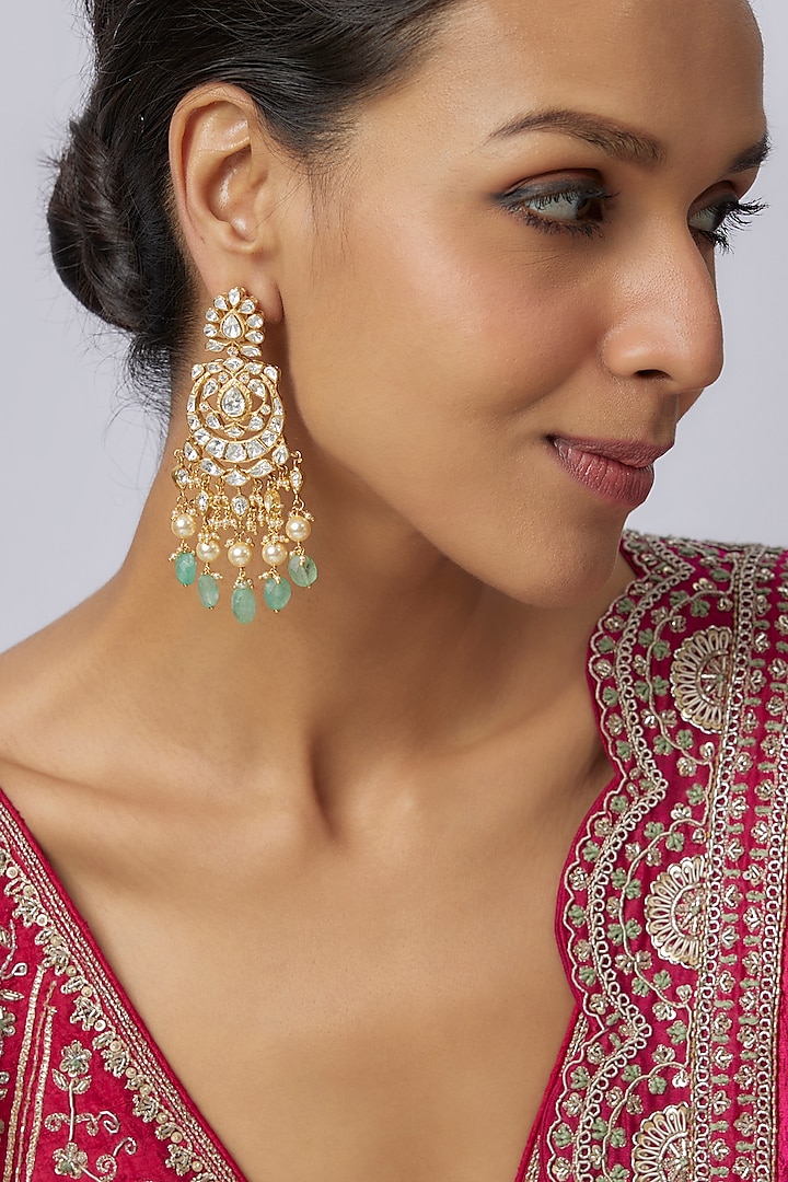 Gold Plated Kundan Polki & Green Drop Chandbali Earrings In Sterling Silver by Kiara at Pernia's Pop Up Shop