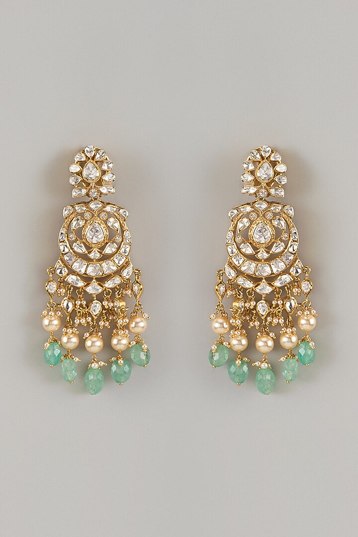 Gold Plated Kundan Polki & Green Drop Chandbali Earrings In Sterling Silver by Kiara Luxe at Pernia's Pop Up Shop